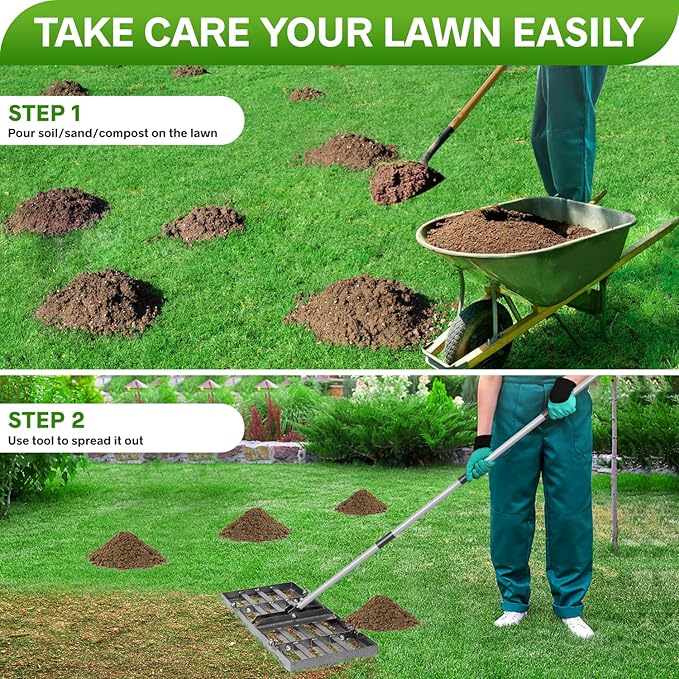 Lawn Leveling Rake, Lawn Leveler with Stainless Steel Long Handle, Heavy Duty Yard Level Tool for Leveling Soil, Sand Or Dirt Surfaces, Gardening Gloves Gift Included (30x10in)