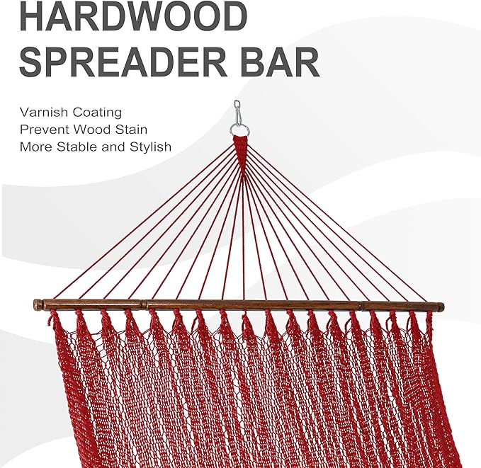 Lazy Daze Hammocks 10.5 FT Double 2 Person Caribbean Rope Hammock, Hand Woven Polyester Hammock with Spreader Bars, for Outside Outdoor Backyard Patio Poolside,450 LBS Capacity,Red