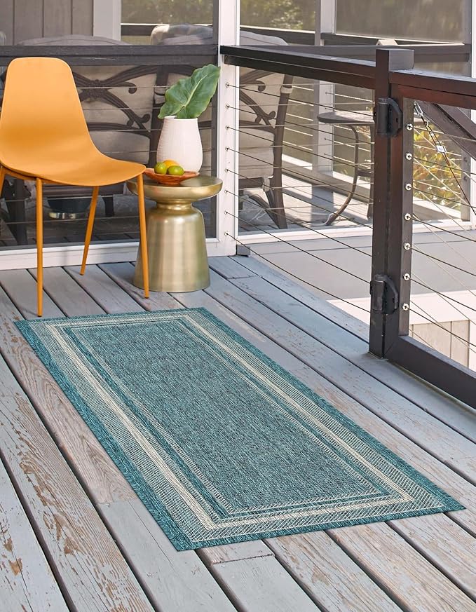 Unique Loom Outdoor Border Collection Area Rug - Soft Border (2'x 6' 1" Runner, Teal/ Ivory)