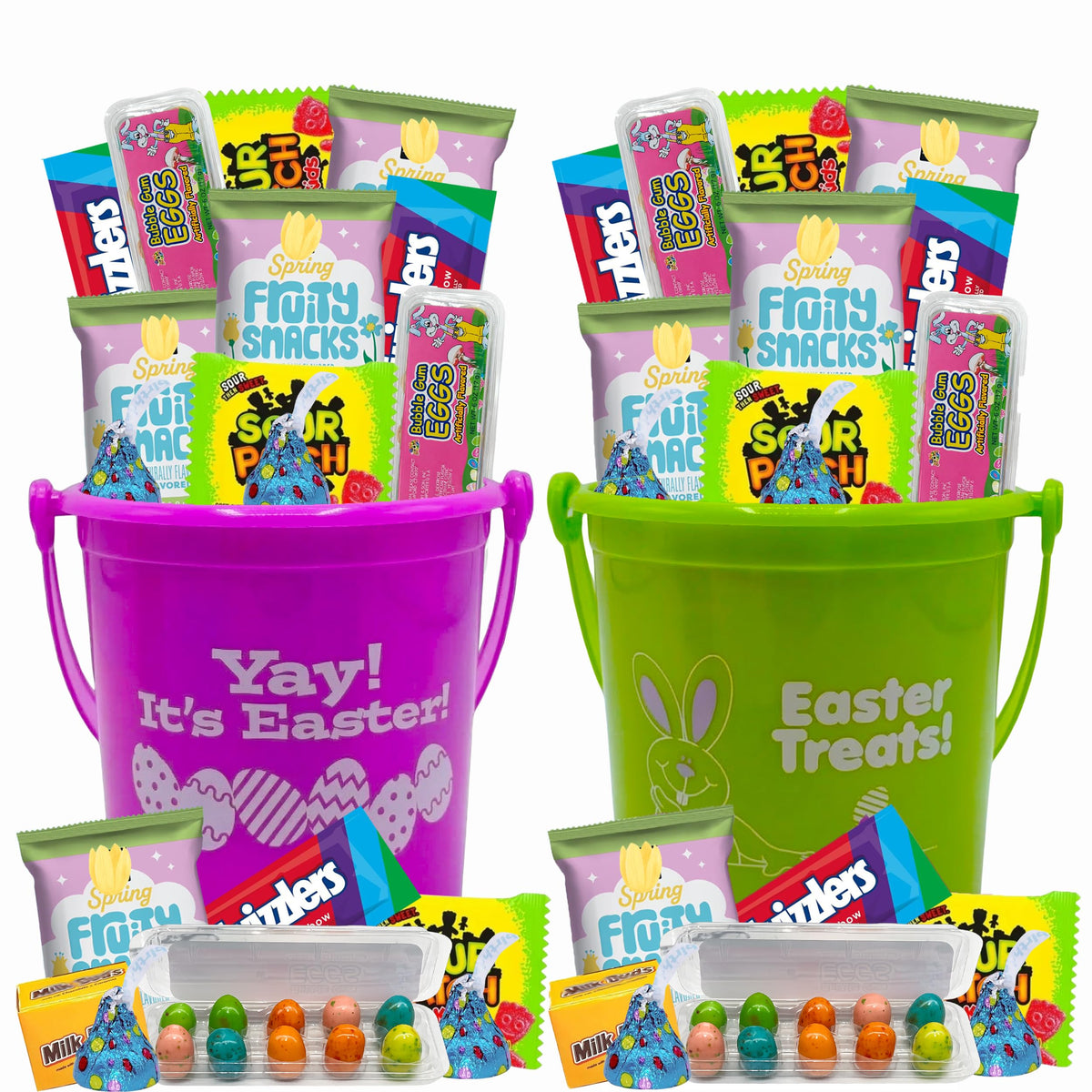 Easter Candy with Baskets Gift Set, 2 Pack, Fillable Pastel Buckets with Assortment of Individually Wrapped Candy, Easter Gift Baskets with Egg