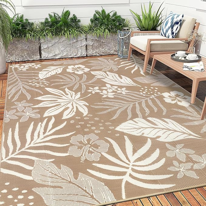 Pauwer Waterproof Outdoor Rug 9x12, Reversible Plastic Straw Patio Camping Rug, Indoor Outdoor RV Mat Carpet for Deck, Camper, Porch, Balcony, Backyard, Picnic, Floral Brown
