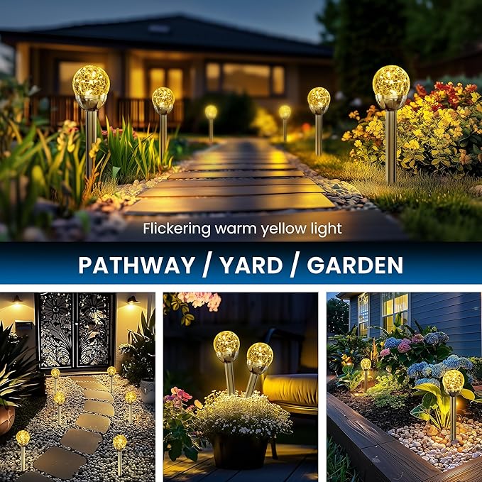 SOLPEX Solar Garden Lights String, 6 Pack Outdoor Christmas Decoration Warm White Solar Powered Cracked Glass Ball Lights, Waterproof for Patio Decoration