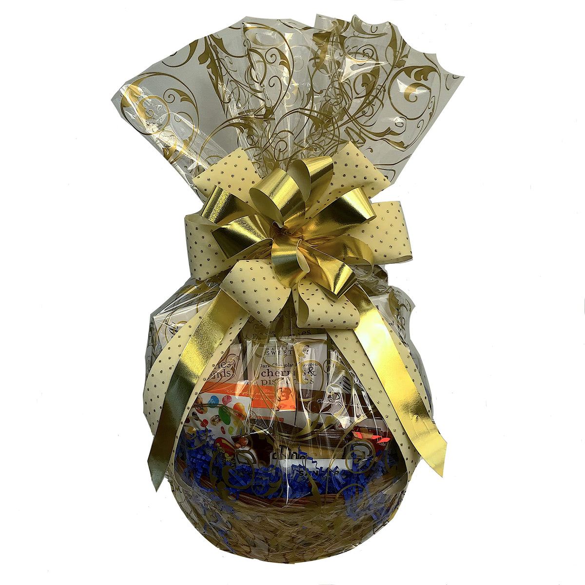 Hand-Crafted 22 Piece customizable chocolate gift basket of gourmet chocolates, cookies, and crunches. Tasty treats selected for businesses, clients