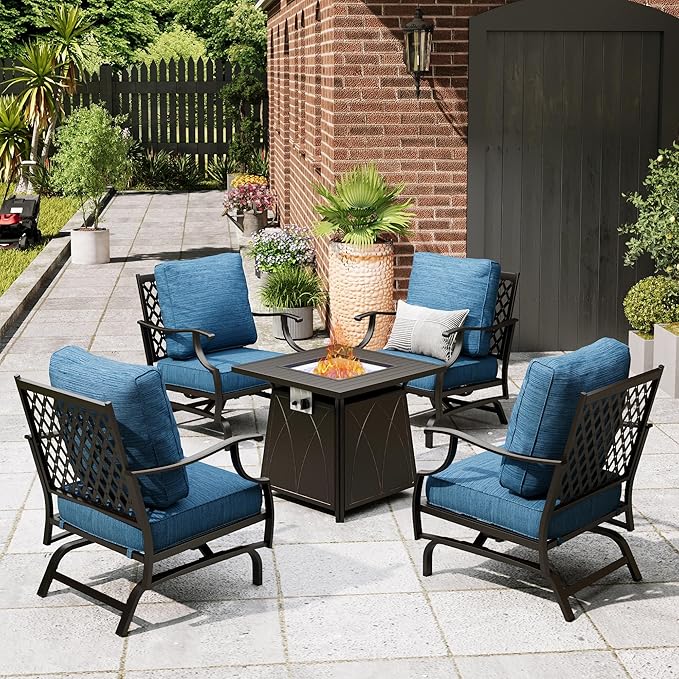 Patio Furniture Set with Fire Pit Table, 5 Pcs Metal Outdoor Conversation Set, 4 Rocking Chairs with 5.75" Extra Thick Cushion and 28" Fire Pit Table for Backyard Deck, Green Blue