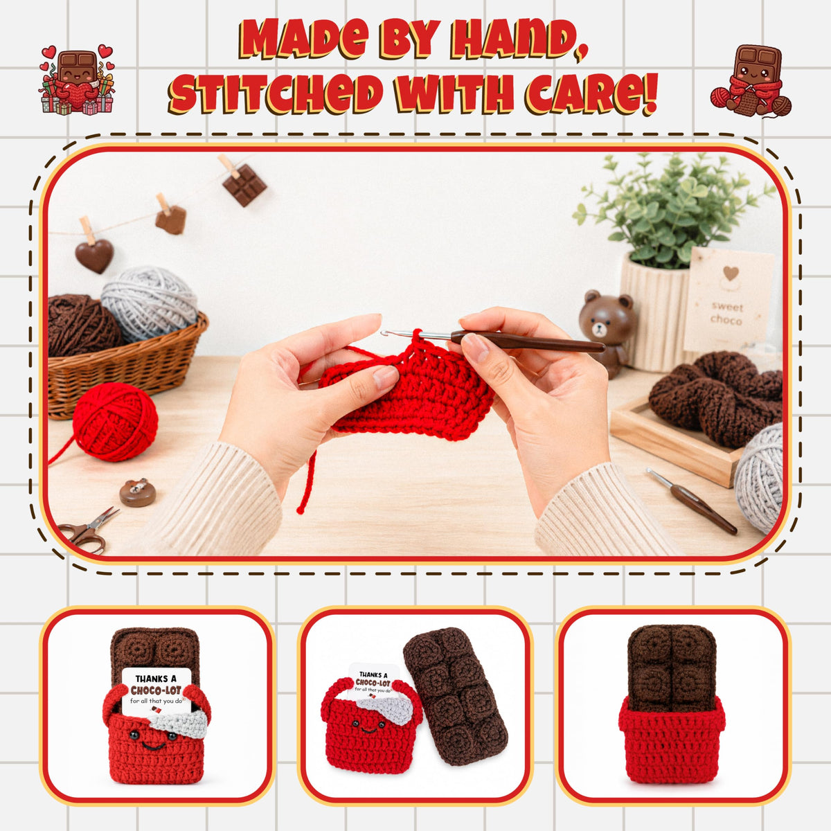 THEGIFTY Crochet Chocolate Thank You Gift, Positive Crochet Food Doll, Appreciation Gift for Mom, Grandma, Teacher, Coworker, Friend, Cute Birthday