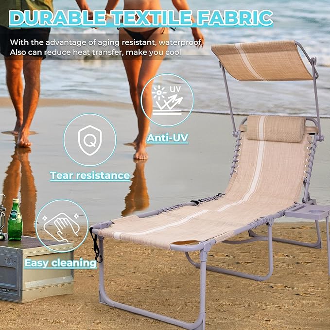 #WEJOY 4 in 1 Tanning Chair with Face Hole & Canopy & Side Table, 5 Positions Adjustable Folding Waterproof Facedown Chaise Lounge with Pillow Quick Dry for Beach Pool Outdoor Camping Patio (Khaki)