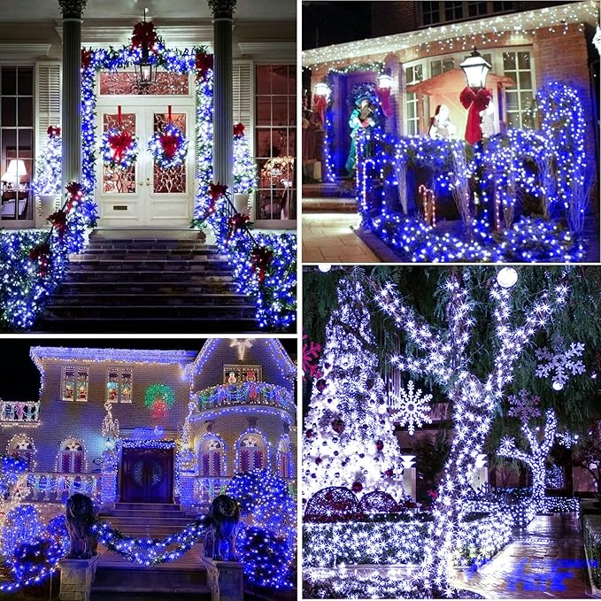 KNONEW Outdoor Christmas Lights 99ft 300 LED String Lights 8 Modes & Timer Fairy Light Plug in Waterproof LED String Lights for Xmas Yard Tree Wedding Party Holiday Decorations (Blue)