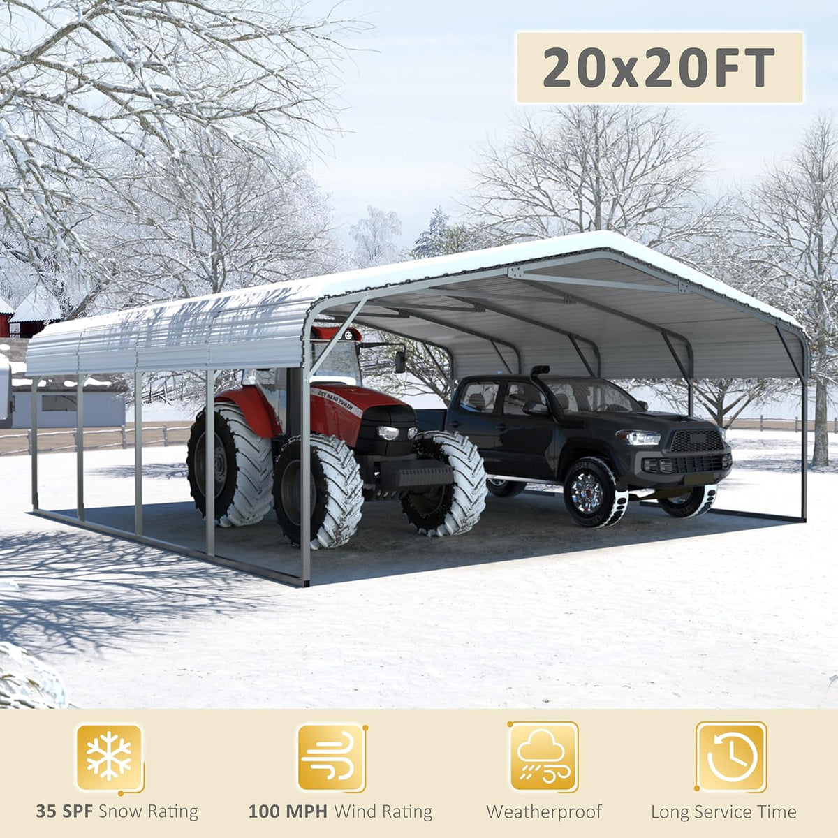 20x20 FT Carport with Metal Roof, Heavy Duty Metal Carport Canopy, Garage Car Shelter Shade for Outdoor, Car, Truck, Eggshell