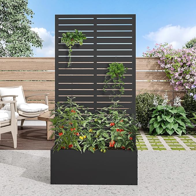 Casaphoria Metal Raised Garden Bed with Trellis, 59"x30"x12" Planter Box for Climbing Plants, Vegetables & Vines, Features Drainage Holes and Privacy Screen (Black-Louvered)