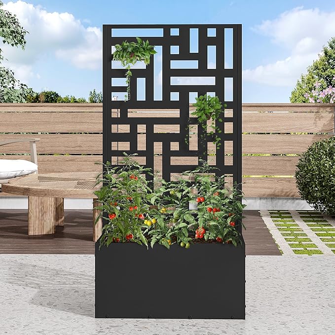 Casaphoria Metal Raised Garden Bed with Trellis, 47"x24"x12" Planter Box for Climbing Plants, Vegetables & Vines, Features Drainage Holes and Privacy Screen (Black-Helen)