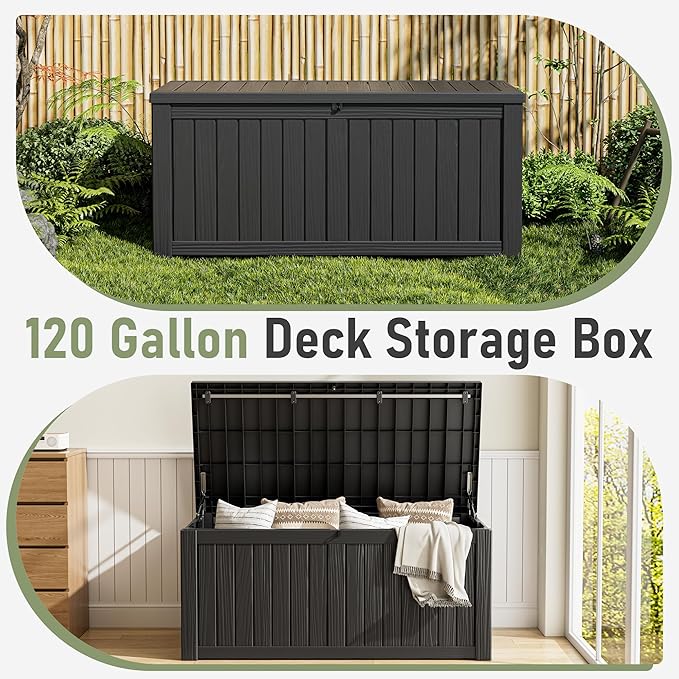 KAMABOKO Outdoor Storage Box, 120 Gallon Large Outdoor Resin Deck Box, Storage Waterproof Boxes Lockable Lid for Garden Tools, Pool Supplies, Patio Furniture and Cushions, Black