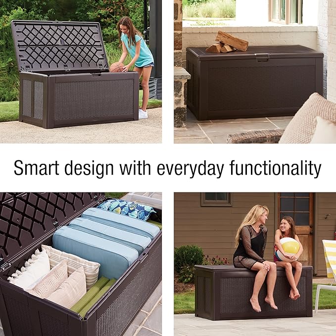 Rubbermaid Extra Large Resin Outdoor Storage Deck Box (134 Gal), Weather Resistant, Brown, Deck Organization for Home/Backyard/Pool Chemicals/Toys/Garden Tools/Porch/Patio Cushions