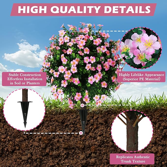 Sunnyglade Set of 2 Artificial Boxwood Topiary Ball Trees with Pink Flower, Faux Shrub Bushes with Ground Spike 25.5", UV Resistant Fake Boxwood Plants for Indoor, Garden, Porch, Patio Decor (Pink)