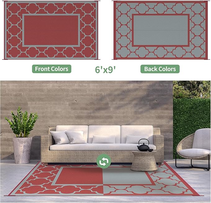GENIMO 6' x 9' Outdoor Rug Waterproof for Patio Decor, Foldable Reversible Plastic Straw Area Rugs Mat for Camper, Outside Carpet for Rv, Deck, Porch, Picnic, Beach, Balcony, Red & Grey