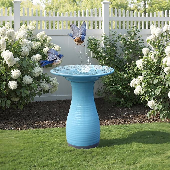 LuxenHome 20 Inch Ceramic Bird Bath for Outside, Elegant Tall Outdoor Bird Bath, Lightweight Pedestal Glazed Birdbaths for Outdoors with Leaf Pattern, Sky Blue