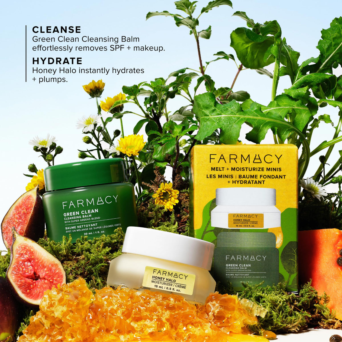 Farmacy Melt & Moisturize Duo - Travel Size Skin Care Set with Green Clean Makeup Remover Balm & Honey Halo Moisturizer Face Cream - Cleanses Skin & Hydrates for a Plump, Dewy Glow (2 Count)