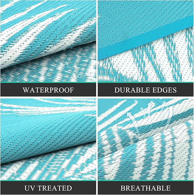 Pauwer Waterproof Outdoor Rug 10x14, Reversible Plastic Straw Patio Camping Rug, Indoor Outdoor RV Mat Carpet for Deck, Camper, Porch, Balcony, Backyard, Picnic, Leaf Teal