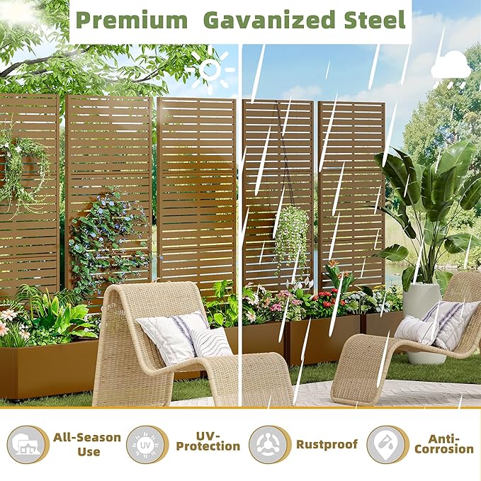 Casaphoria Metal Raised Garden Bed with Trellis and Wheels, 72"x35"x16" Planter Box for Climbing Plants, Vegetables & Vines, Features Drainage Holes and Privacy Screen (Brown-Louvered)
