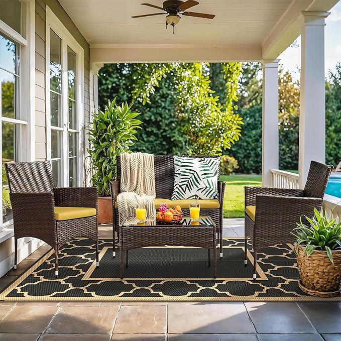 GENIMO 4 ' x 6 ' Outdoor Rug for Patio Clearance, Waterproof Indoor Outdoor Plastic Straw Rugs Carpet, Reversible Outside Area Rv Mat for Camping, Balcony Porch, Deck, Picnic, Beach (Black & Brown)