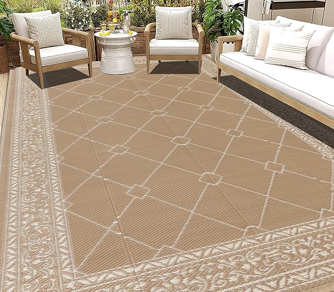HEBE Outdoor Rug Waterproof 9x12, Reversible Plastic Straw Rug RV Camping Rug, Indoor Outdoor Patio Mat Clearance, Outside Carpet for Porch,Deck,Camper,Balcony,Backyard,Picnic