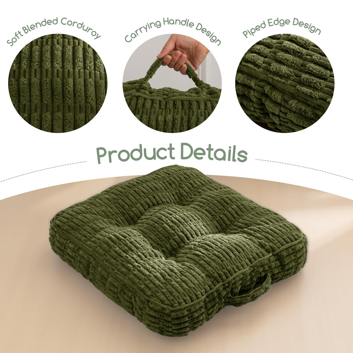 HIGOGOGO Floor Pillow Cushion for Adults, Meditation Cushion Pillow, Blended Corduroy Cover, Large Square Floor Sitting for Tatami Living Room or Yoga, 2Pack, Dark Green