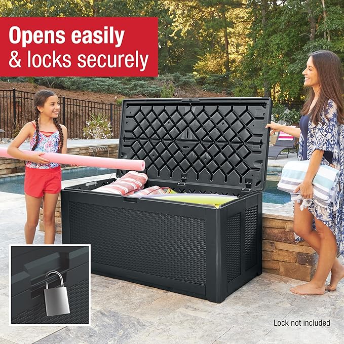 Rubbermaid Extra Large Resin Outdoor Storage Deck Box (134 Gal), Weather Resistant, Black, Deck Organization for Home/Backyard/Pool Chemicals/Toys/Garden Tools/Porch/Patio Cushions