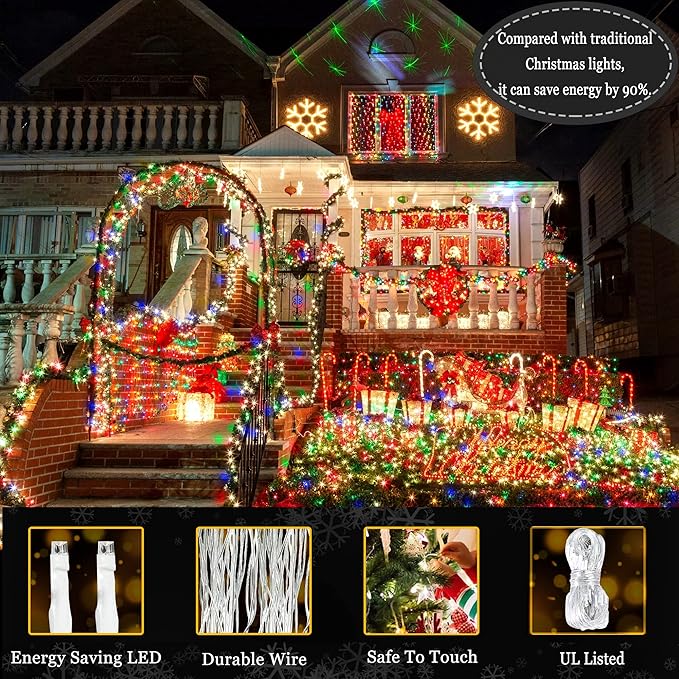 KNONEW Outdoor Christmas Lights 300 LED 99ft String Lights 8 Modes & Time Memory Fairy Light Plug in Waterproof LED String Lights for Xmas Yard Tree Wedding(Multicolor)