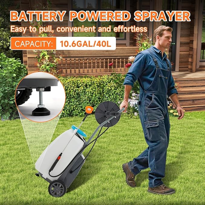10.6 Gallon Battery Powered Sprayer with Double Professional Pump, Portable Sprayer with Wheels,0-94 PSI,12V 8Ah Battery,Adjustable HD Wand and 10 Nozzles for Weeding, Spraying, Cleaning