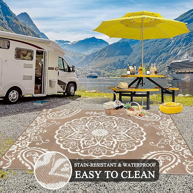 Pauwer Waterproof Outdoor Rug 8x10, Reversible Plastic Straw Patio Camping Rug, Indoor Outdoor RV Mat Carpet for Deck, Camper, Porch, Balcony, Backyard, Picnic, Boho Brown