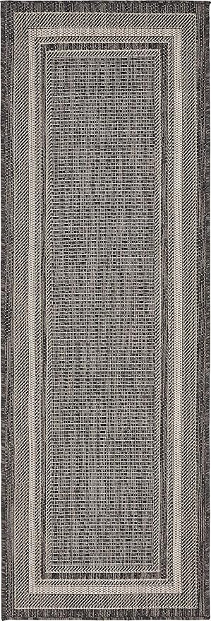 Unique Loom Outdoor Border Collection Area Rug - Soft Border (2' x 6' 1" Runner, Black/ Ivory)