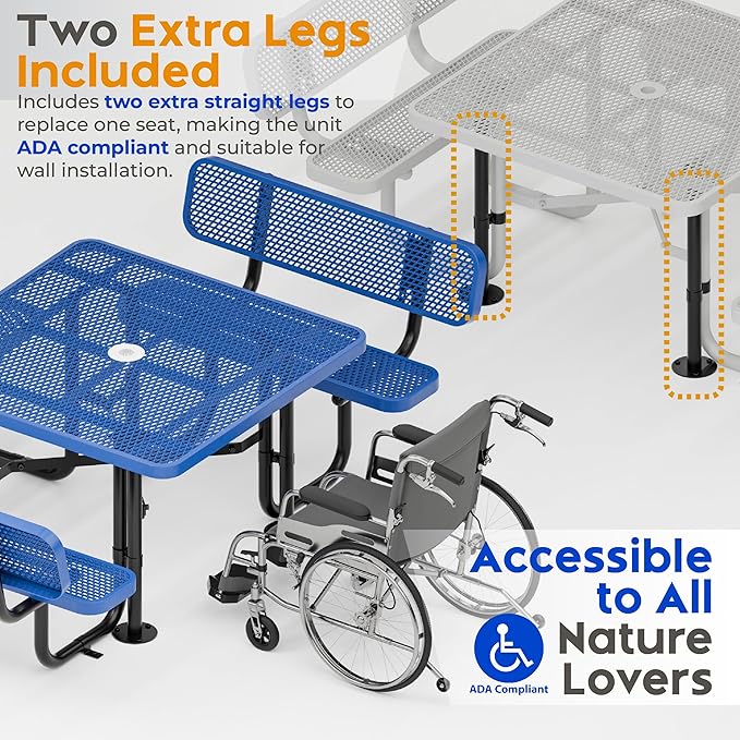 Metal Picnic Tables for Outdoors with Umbrella Hole - Coated Steel Heavy Duty Commercial Grade Table with Adjustable Seats (Blue, 46 in, Square with Back, Expanded Steel)