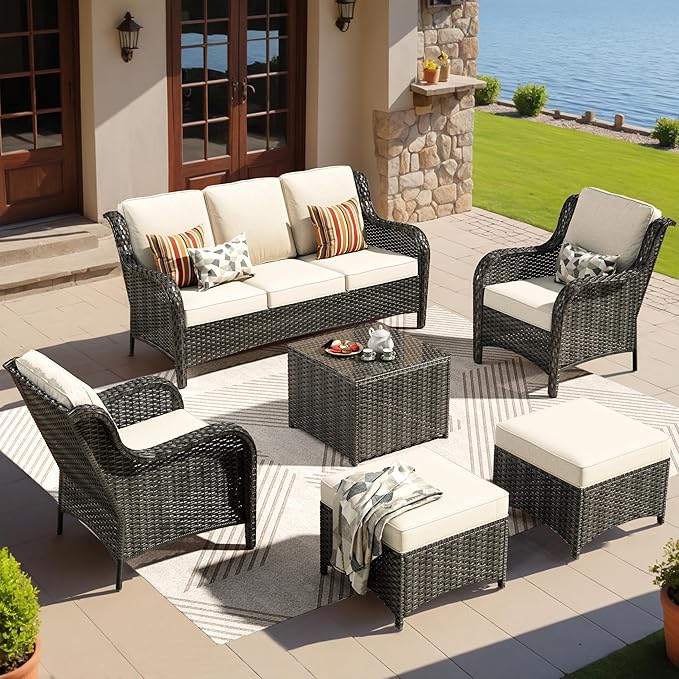 ovios 6 Pieces Patio Furniture Set, Outdoor Wicker Sofas with Glass Coffee Table and Comfy Cushions, All Weather High Back Couch Set for Deck Porch, Brown Rattan, Beige