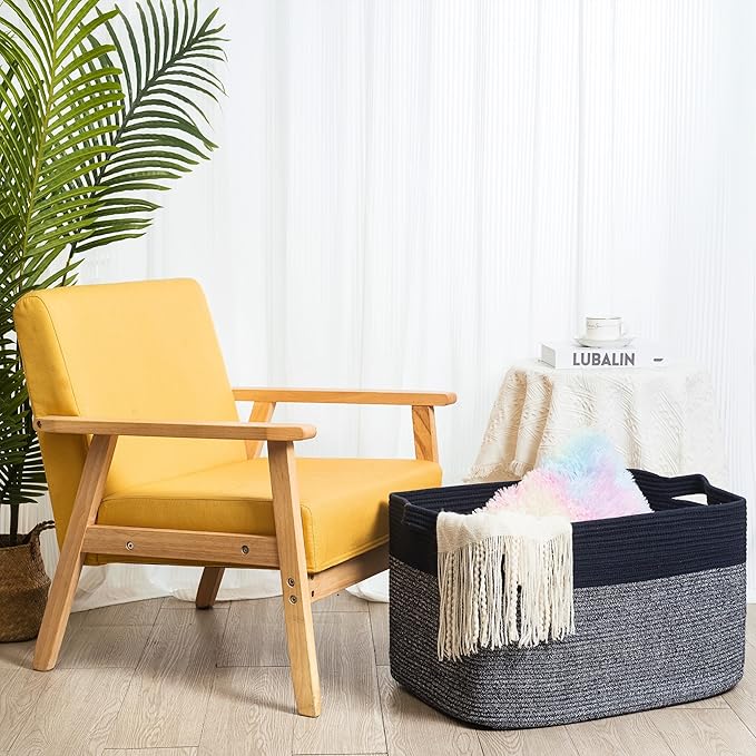 MINTWOOD Design 22in Extra Large Blanket Basket Holder for Living Room, Rectangle Rope Woven Storage Bin with Handles for Laundry, Pool Towels, and Shoes, Dog Toy Box Organizer, Navy Blue