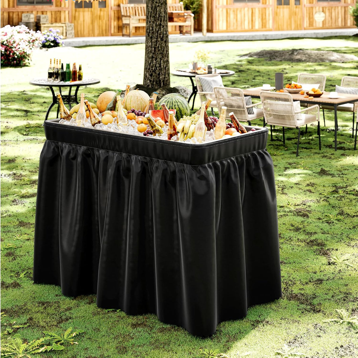 4 Foot Ice Cooler Table with Matching Skirt & Drain Hose, with Iron Stand, Portable Patio Outdoor Chilling Table Portable Bar for Events for Party, Picnic, BBQ, Camping (Black)