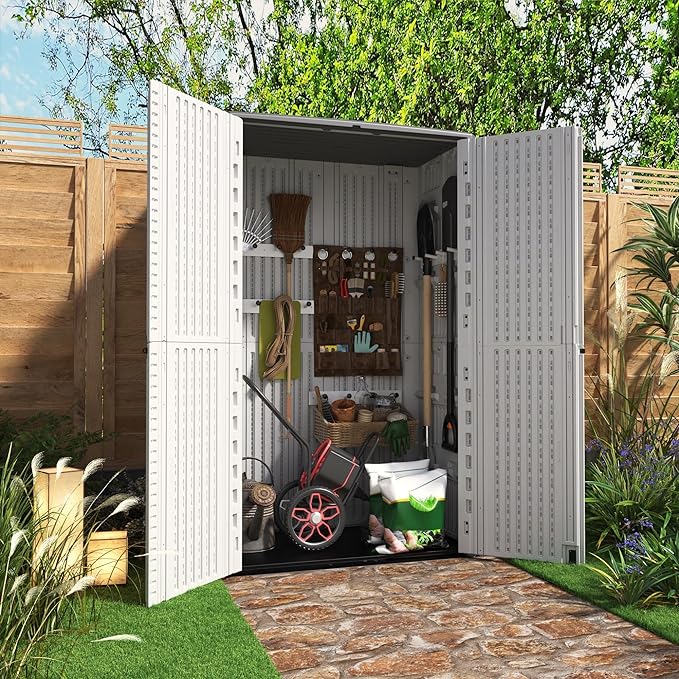 KINYING Outdoor Storage Cabinet Waterproof, Resin Vertical Outdoor Storage Shed for Patio Furniture, Garden Tools, Pool Accessories, Mower Storage (66 Cu.ft, Off White)