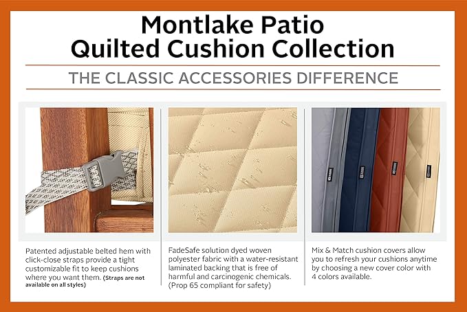 Classic Accessories Montlake FadeSafe Water-Resistant 21 x 20 x 4 Inch Wide Back Patio Quilted Lounge Cushion, Chamomile