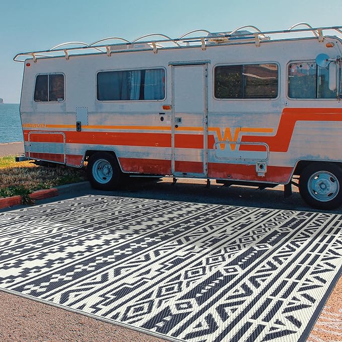 RV Waterproof Mat Outdoor Rugs 9'x12' for Patios Clearance Carpet Camping, Large Plastic Straw (9x12ft Geometric Boho Grey&White)