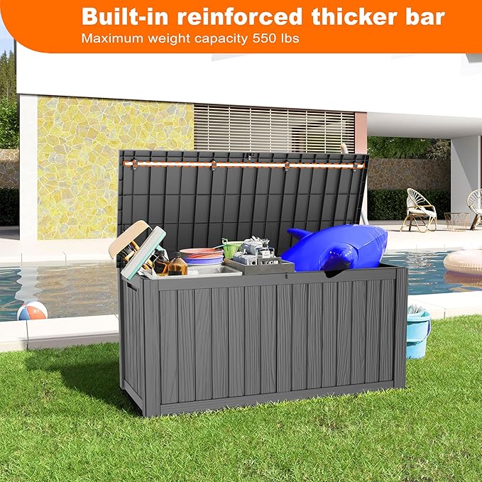 150 Gallon Resin Deck Box, Lockable Patio Outdoor Storage Box for Furniture, Garden Tools and Tools Storage, Waterproof Outside Storage Boxes - Black
