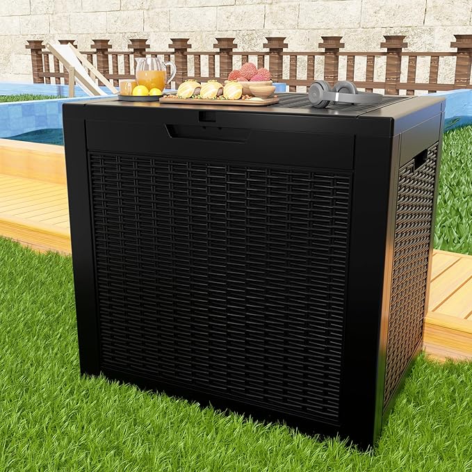 36 Gallon Outdoor Deck Box,Storage Lockable Waterproof Patio Furniture,Garden Tools,Cushions,Pool Accessories Outside Storage Resin Box(Black Pattern)