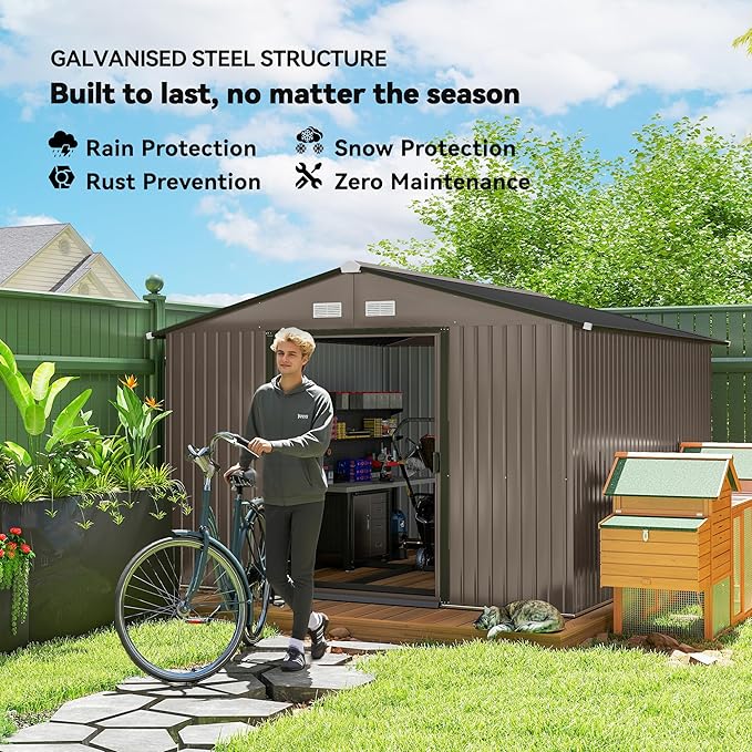 Outsunny 11' x 9' Outdoor Storage Shed, Garden Tool Metal Shed with Foundation Kit, Double Lockable Door, Air Vents and Sloping Roof, for Backyard, Patio, Lawn, Brown