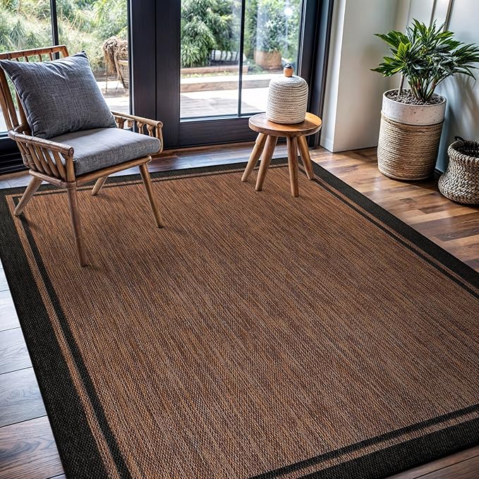 CAMILSON Indoor Outdoor Rug, 6x9 Bordered Nut Brown Black Modern Area Rugs for Indoor and Outdoor Patios, Kitchen and Hallway Mats, Washable Porch Deck Outside Carpet (Bordered Nut Brown Black, 6 x 9)