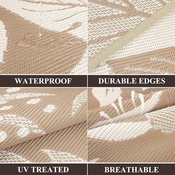 Pauwer Waterproof Outdoor Rug 6x9, Reversible Plastic Straw Patio Camping Rug, Indoor Outdoor RV Mat Carpet for Deck, Camper, Porch, Balcony, Backyard, Picnic, Floral Brown