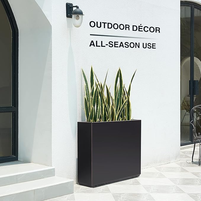 Metallic Heavy Planter for Outdoor Plants, 38Lx10Wx30H Inches Tall and Long Metal Divider Planter Box with Hand Brushed Gold Edge for Outside & Indoor, No Assembly (Black)