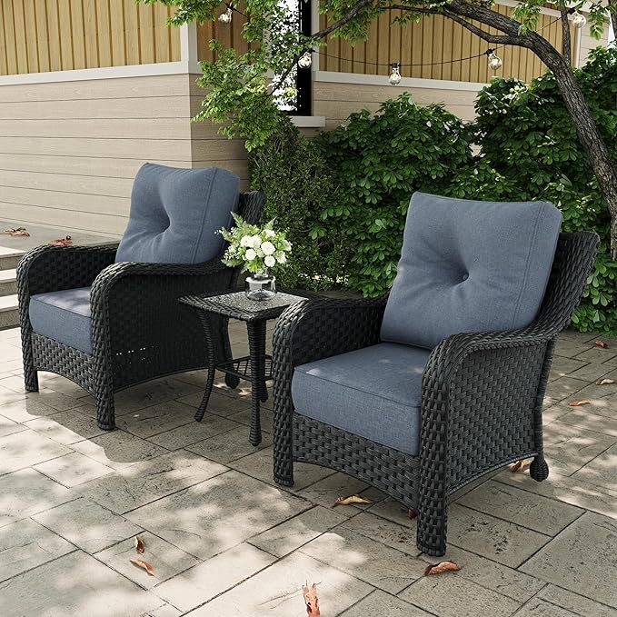 3 Pieces Outdoor Patio Furniture Sets with Single Chairs with 6-inch Thick Cushion and Side Table for Deck Lawn