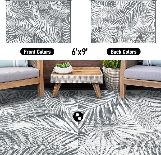 HiiARug Outdoor Plastic Straw Rug - 6x9Ft Waterproof Reversible Patio Mat for Deck, Beach, RV, Camper, Backyard