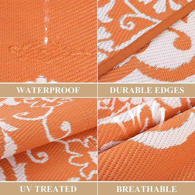 Pauwer Waterproof Outdoor Rug 6x9, Reversible Plastic Straw Patio Camping Rug, Indoor Outdoor RV Mat Carpet for Deck, Camper, Porch, Balcony, Backyard, Picnic, Boho Orange