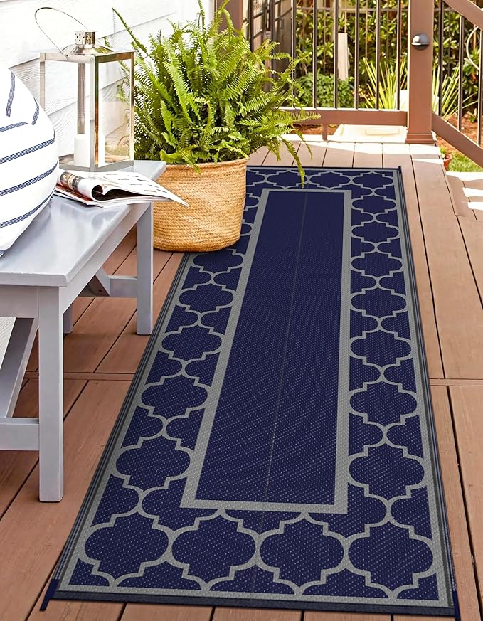 GENIMO 2.5 ' x 8 ' Outdoor Rug for Porch Patio Clearance, Waterproof Indoor Outdoor Plastic Straw Rugs Carpet, Reversible Outside Area Rv Mat for Camping, Balcony, Deck, Picnic, Beach (Blue & Gray)