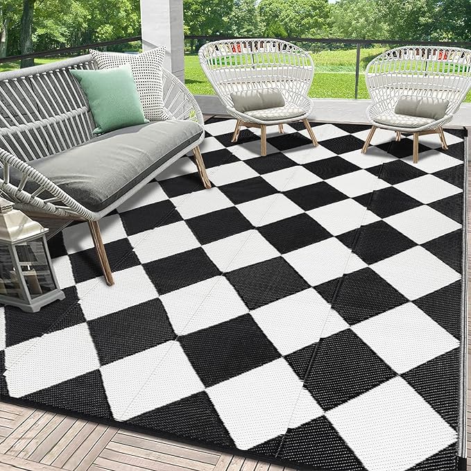HEBE Outdoor Rug Waterproof 6x9, Reversible Plastic Straw Rug RV Camping Rug, Indoor Outdoor Patio Mat Clearance, Outside Carpet for Porch,Deck,Camper,Balcony,Backyard,Picnic