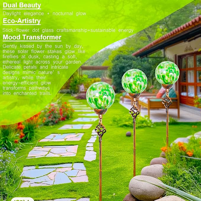 Garden Solar Lights, Decorative LED Honeycomb Glass Ball Garden Stake, Glass and Metal Outdoor Decoration, 4 x 31 Inch (Green)