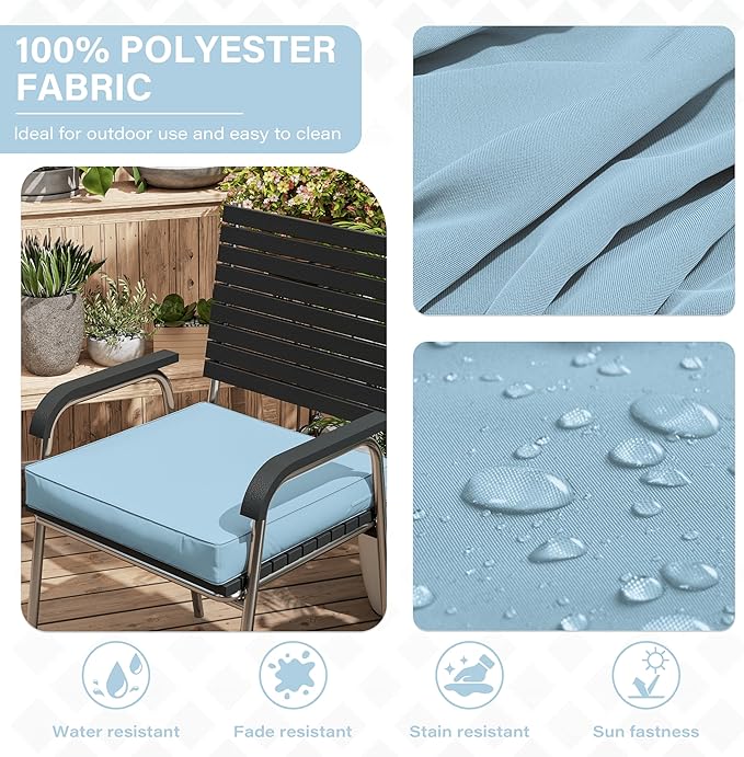 Patio Chair Cushions 17 X 16 X 3 Inch Waterproof Outdoor Seat Cushions for Patio Furniture, Outdoor Sofa Couch Pads with Ties & Handle, Set of 2, Light Blue